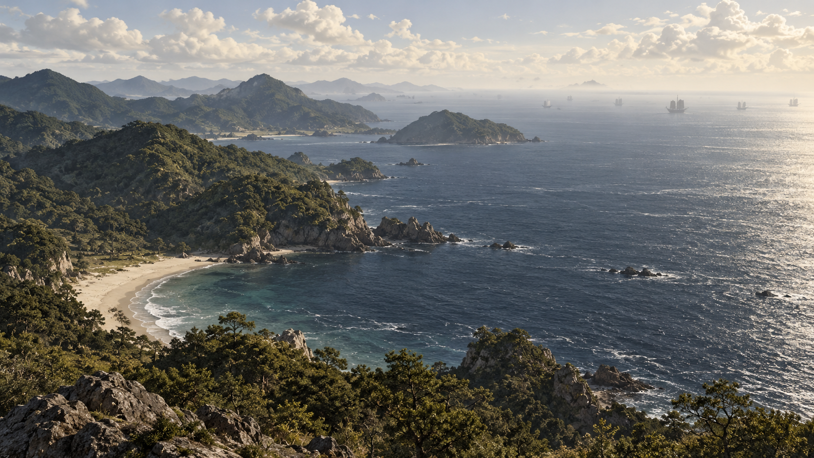 山の多い島の海岸と遠くの船影を描いた概念風景