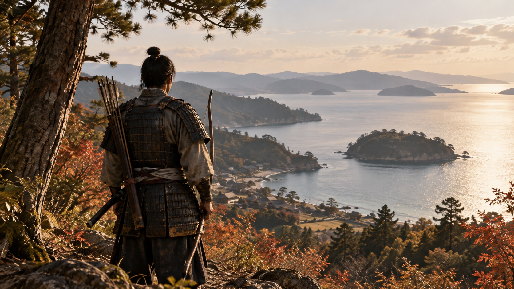 海岸を見渡す匿名の武士の概念情景