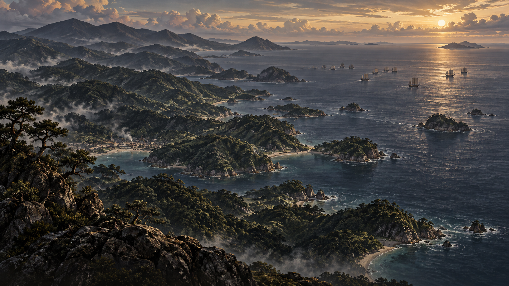 海に面した山地と遠くの船影を描いた概念風景