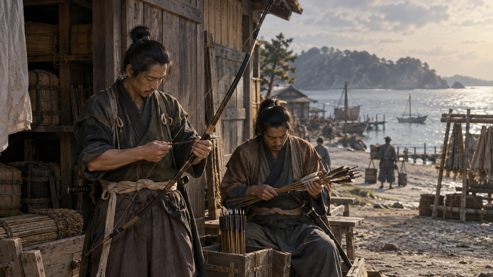 弓と矢を確かめる匿名の武士たちの概念情景
