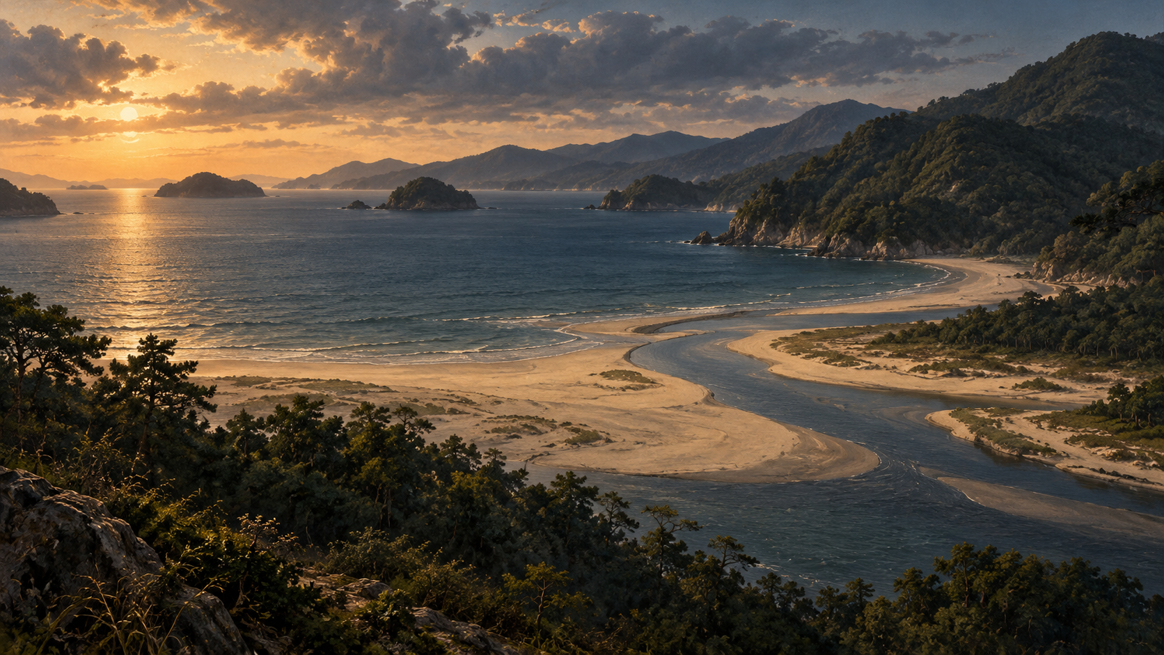 河口と浜、山地の接点を描いた概念風景