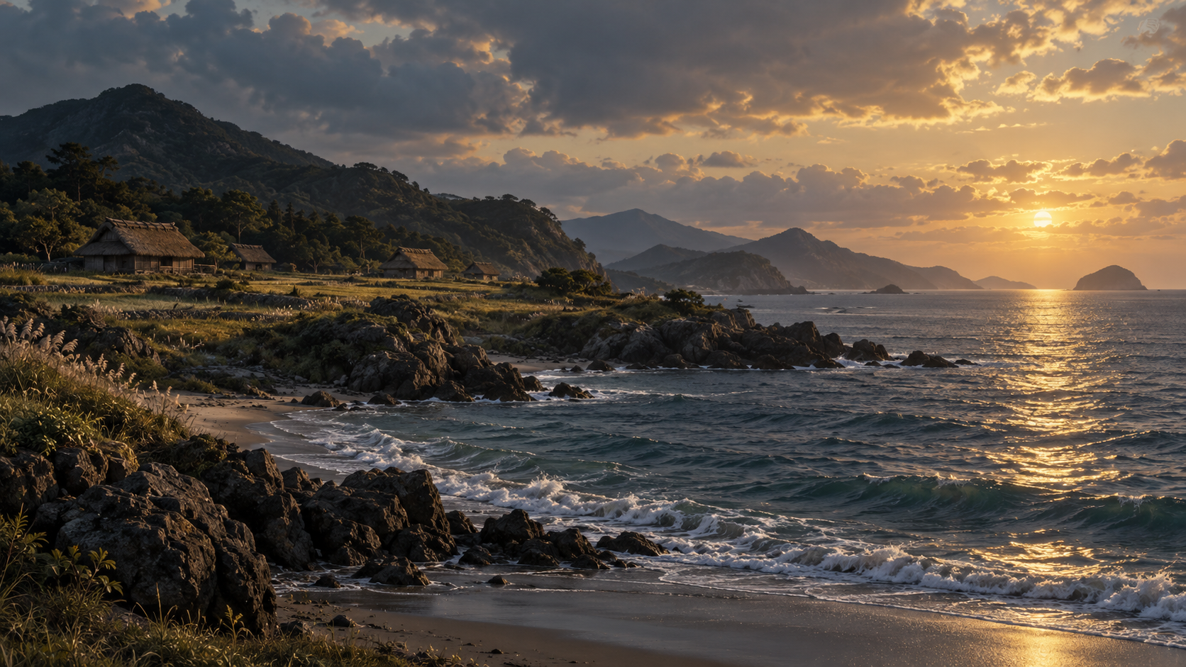 海岸の背後にある集落を描いた概念風景