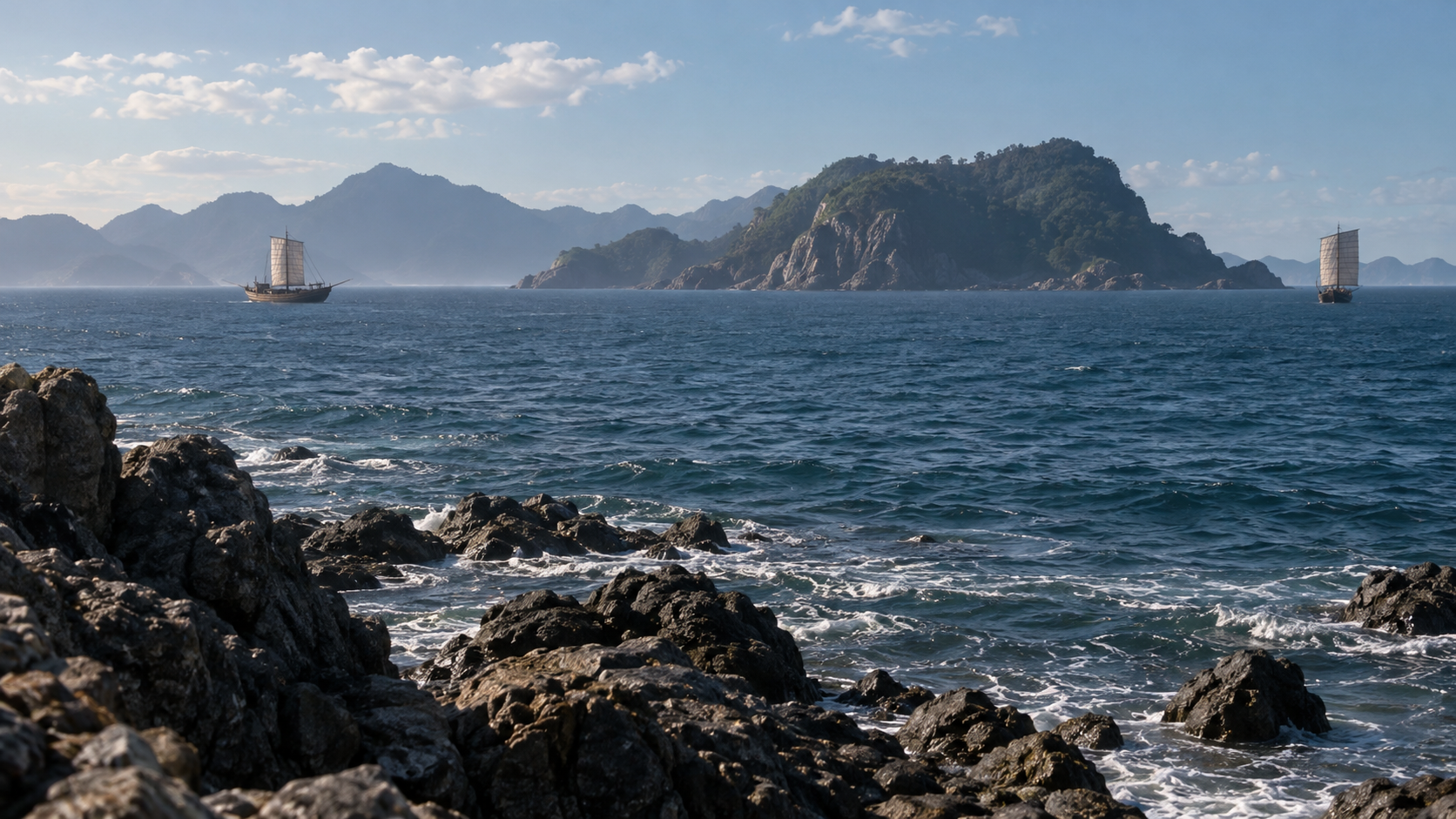 島の間の海と小舟を描いた概念風景