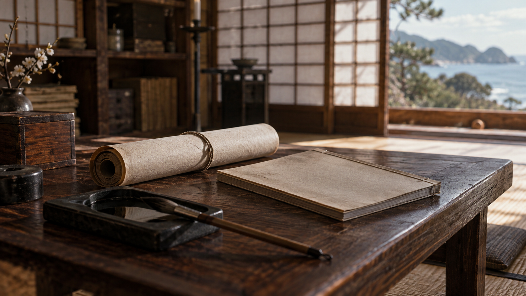 閉じた巻物と冊子、筆を描いた概念静物