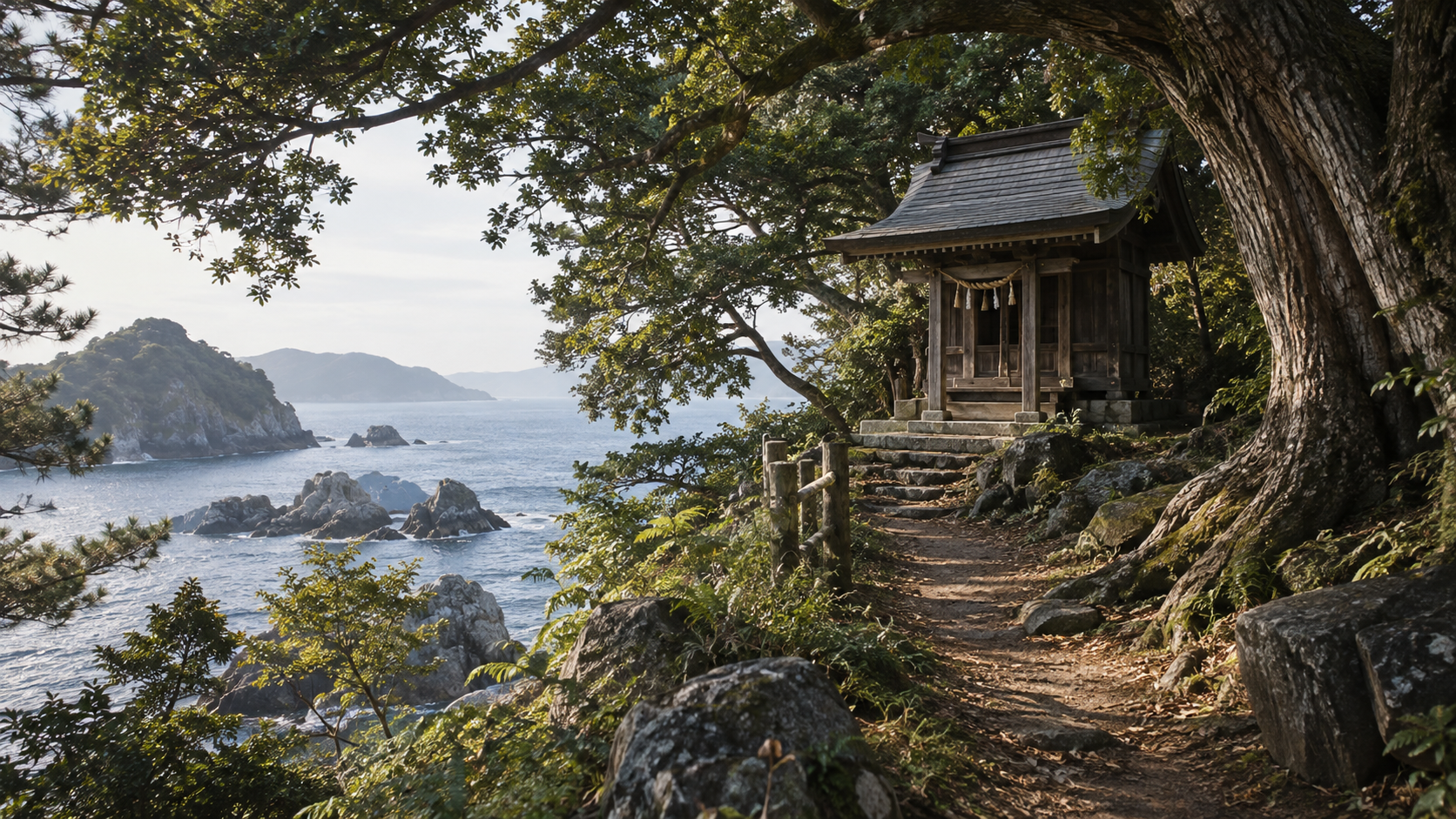 海に面した小さな木造の社を描いた概念風景
