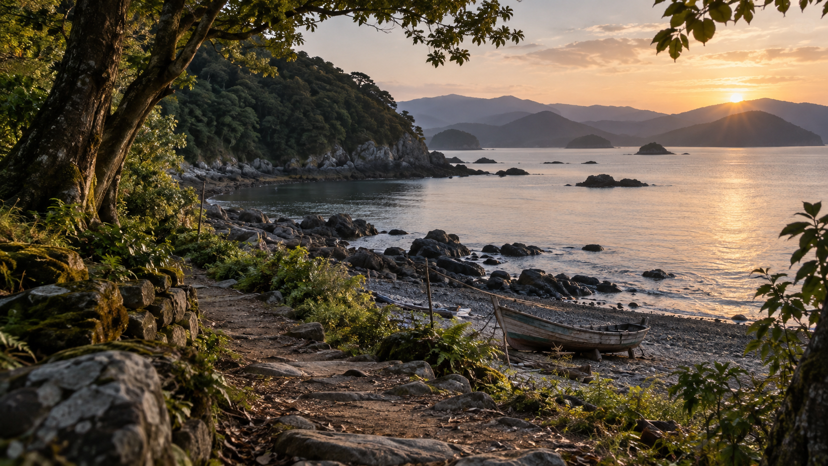 入り江を見渡す道と小舟の概念風景