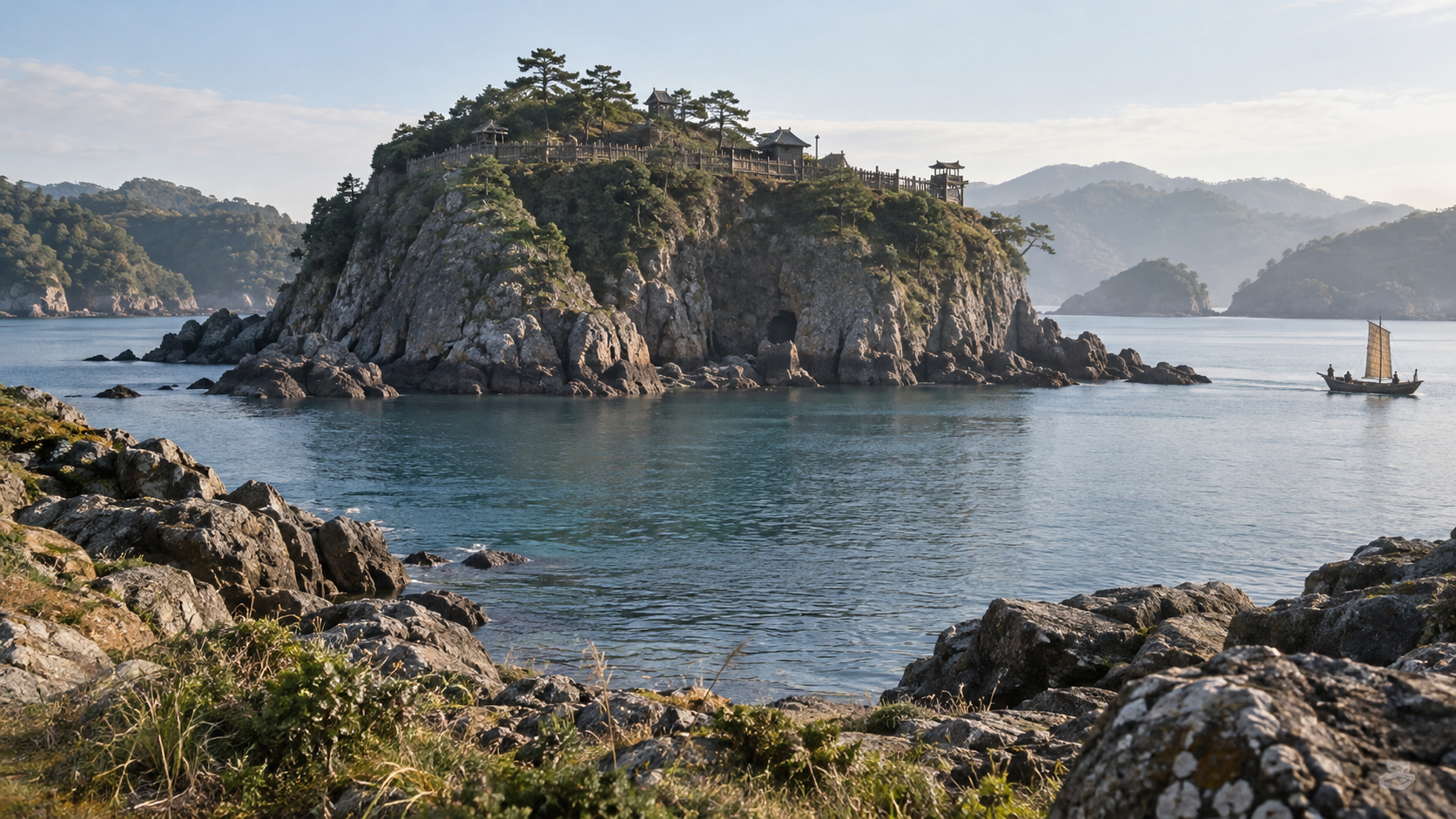 Imagined low timber defenses on a rocky island surrounded by sea