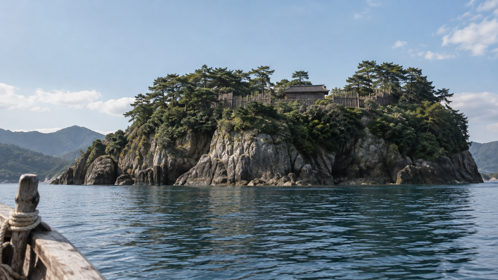 Imagined rocky island and timber defenses seen from a small boat