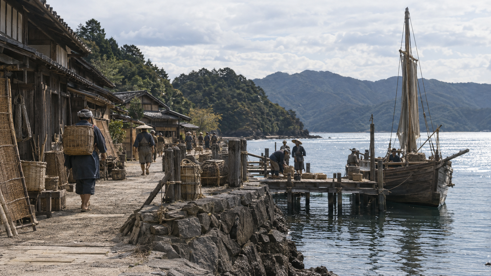 Imagined small harbour with timber buildings and stacked cargo