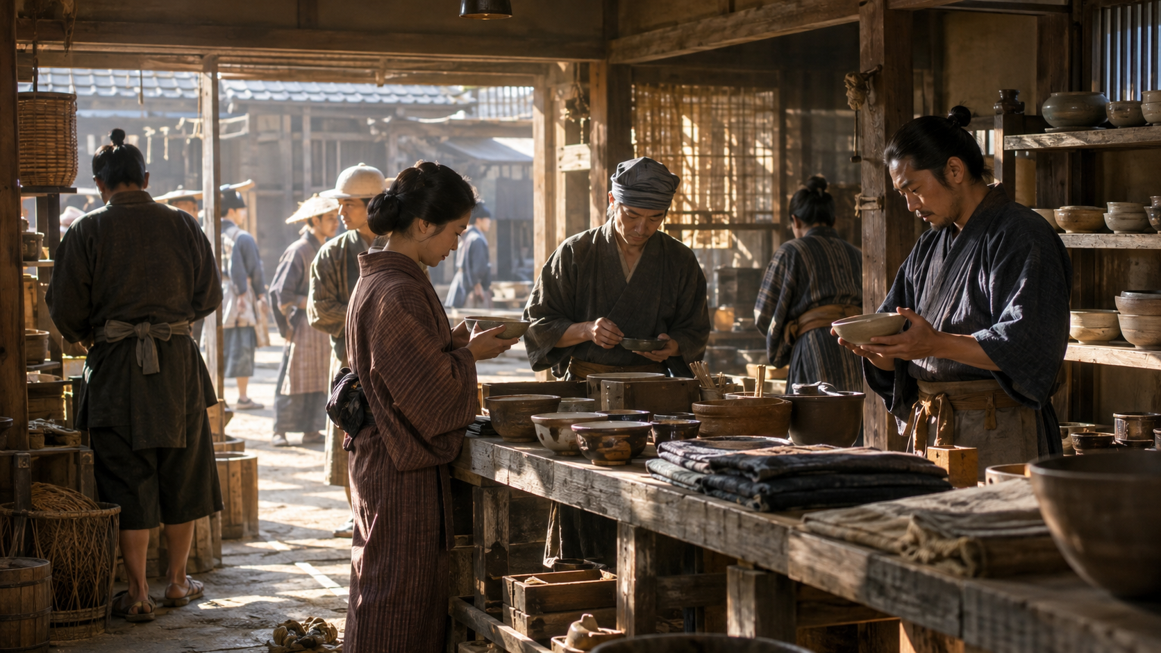Imagined merchants handling vessels and other goods