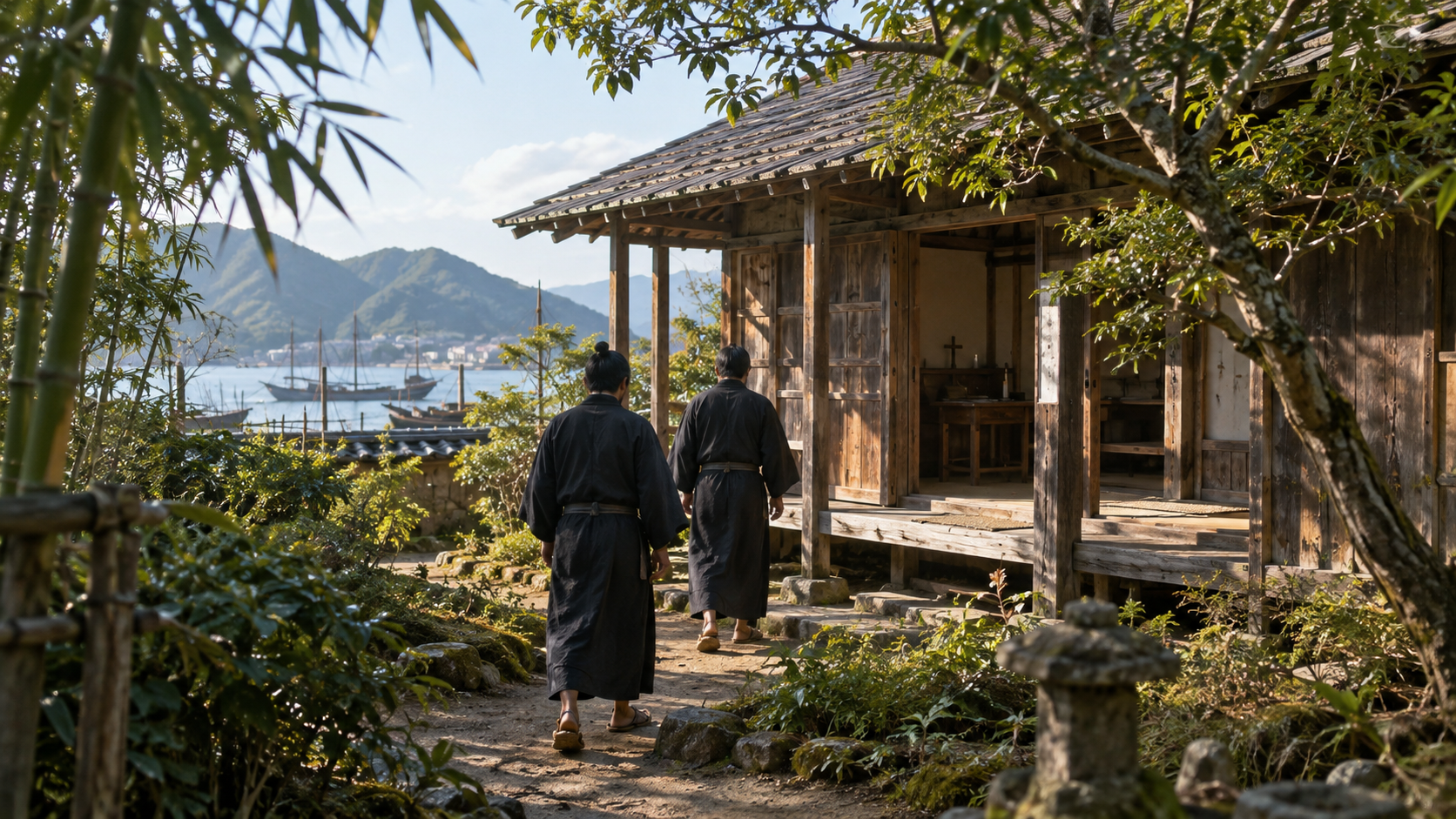 Imagined anonymous men approaching a timber place of learning near the sea