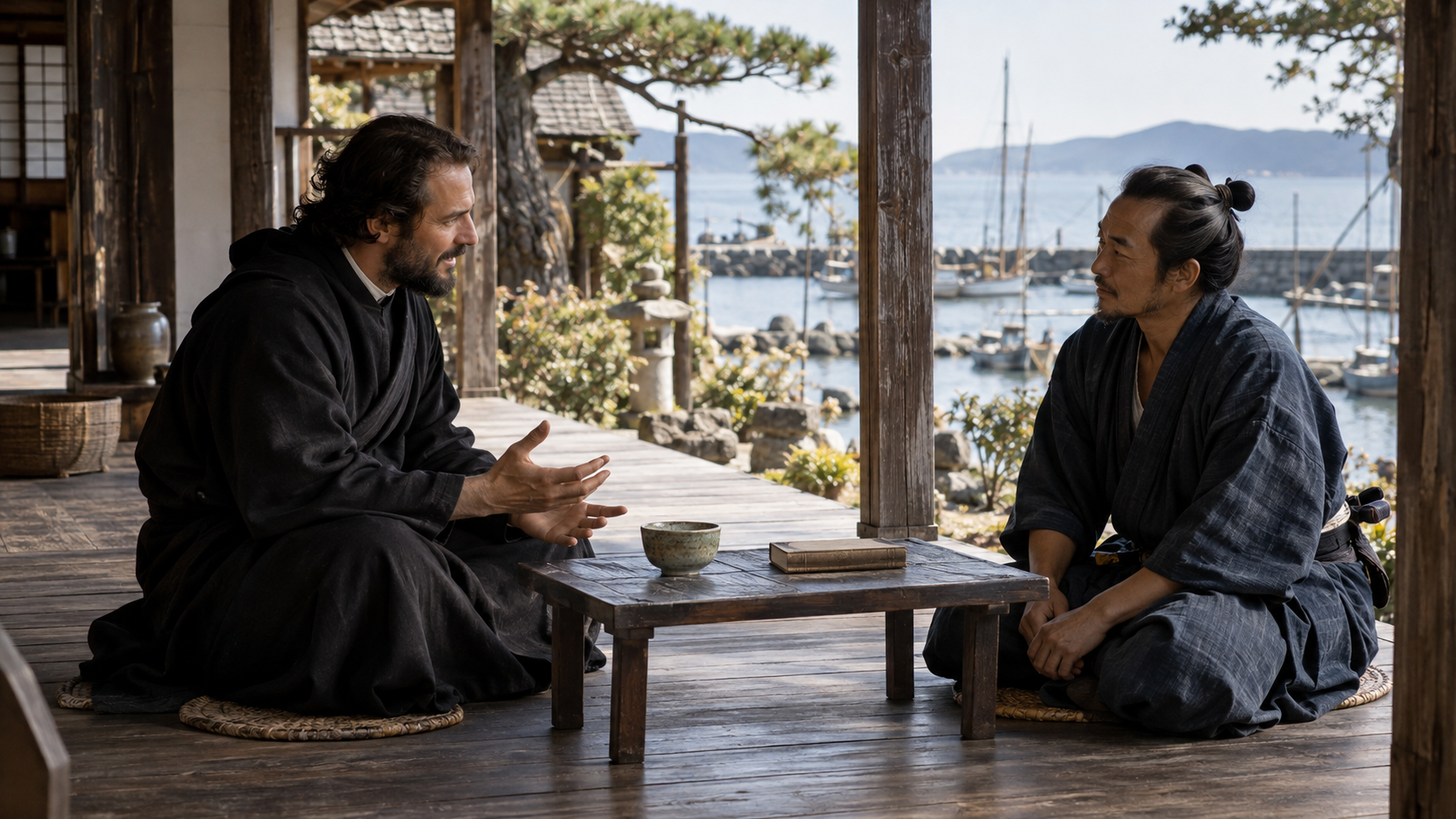 Imagined anonymous foreign and Japanese adults facing one another in a seaside room
