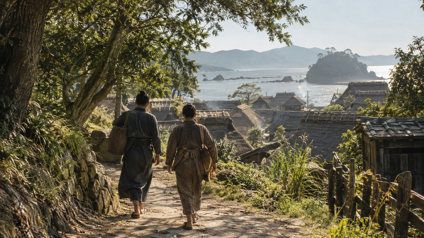 Imagined anonymous men walking beyond a maritime town