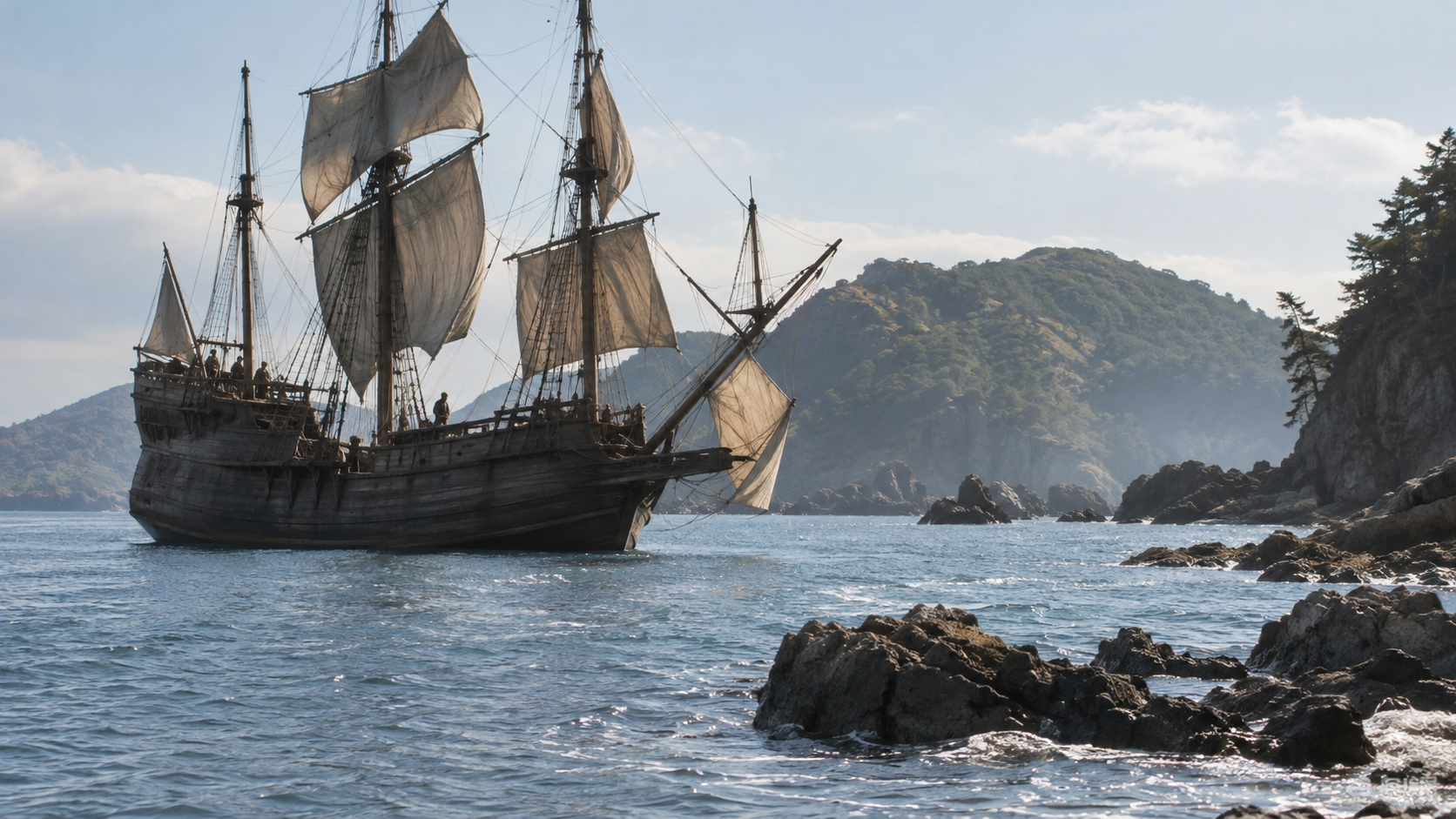 Imagined sailing vessel anchored near a rocky shore