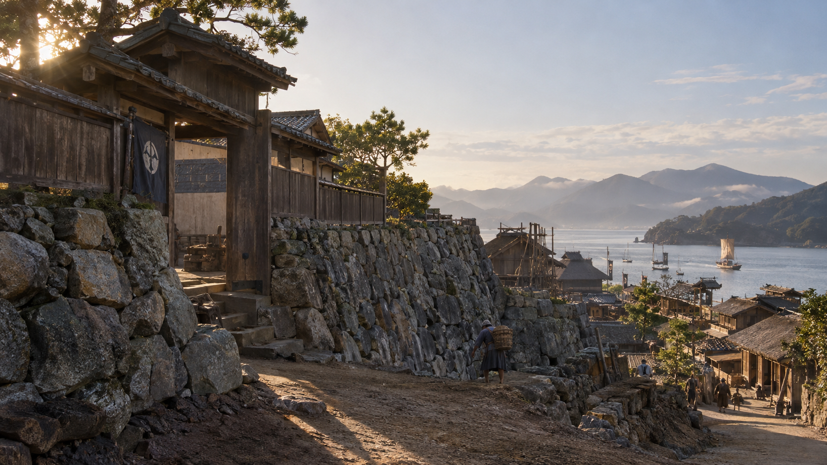 Imagined view from stone walls and a timber gate toward a town and sea