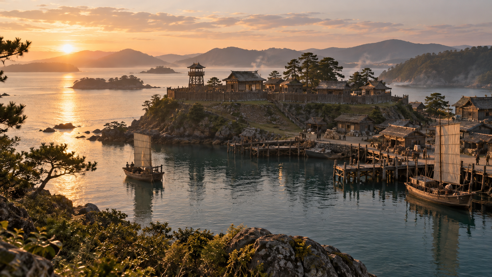 Imagined distant view of a coastal castle and town