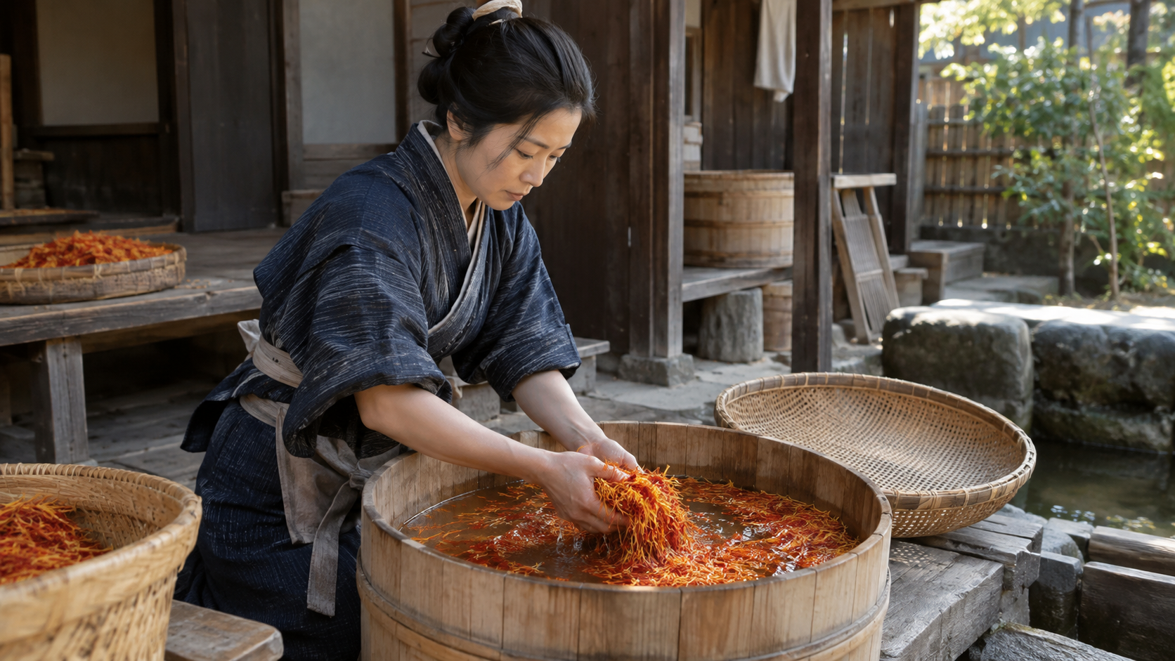 木桶の水で花びらを扱う架空の女性。加工工程の概念表現