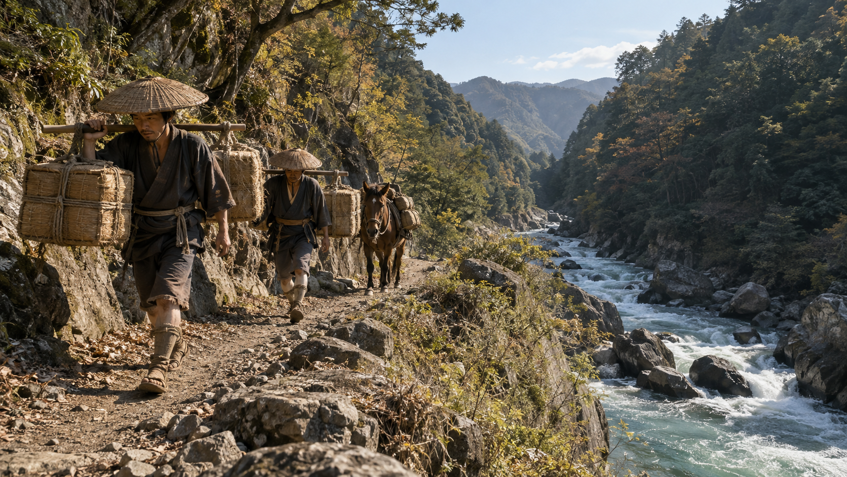 川の上方の道で荷を運ぶ架空の人々。特定の歴史的経路の復元ではない