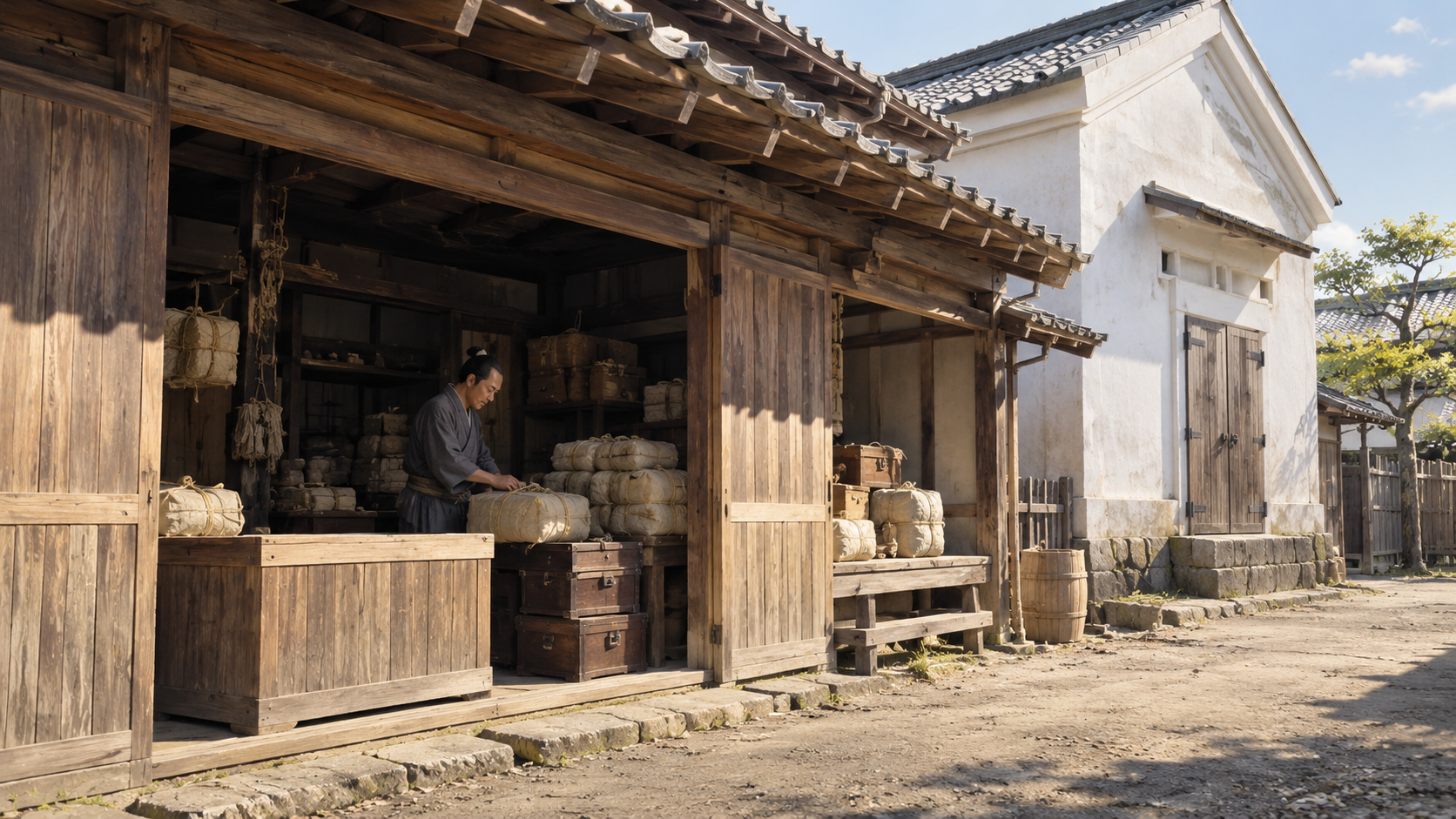 店と蔵を描いた江戸の商家の創作再構成。現存文化財の記録写真ではない