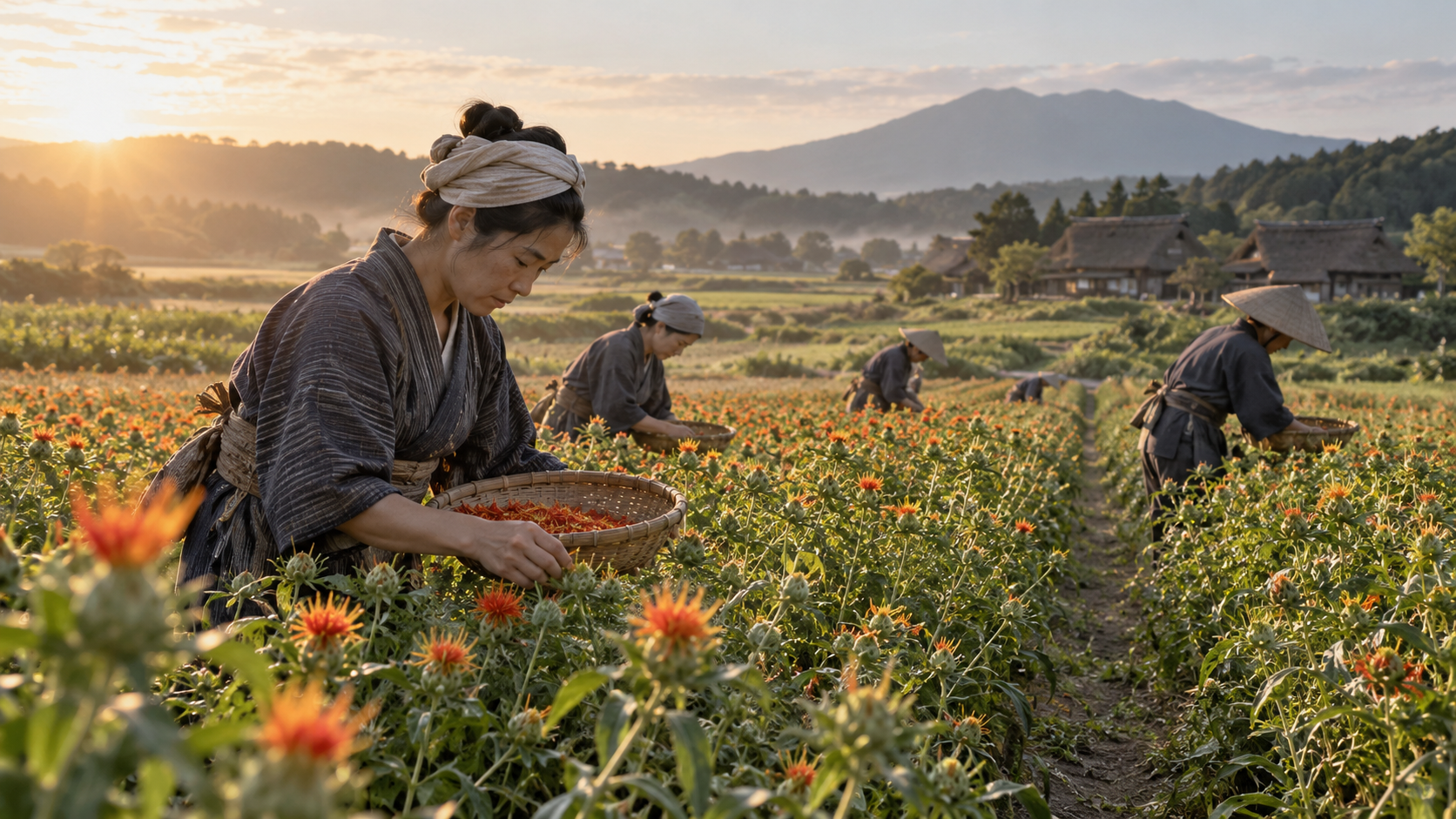紅花畑で花びらを集める架空の人々。収穫の仕事を想起した創作情景