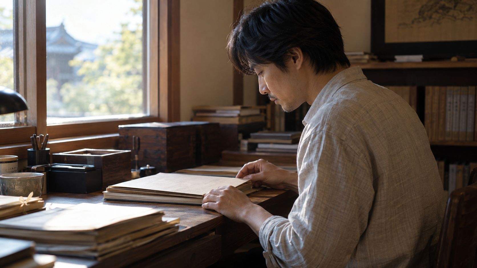 資料を机で調べる匿名の研究者の創作情景