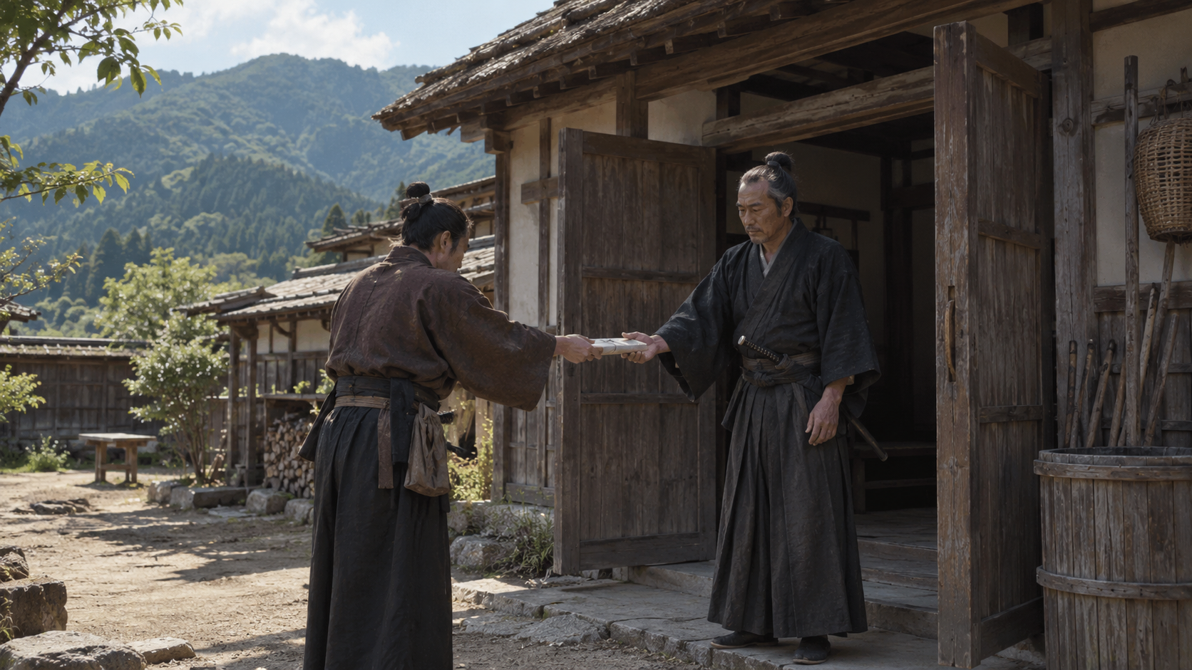 山間の木造家屋で紙包みを受け渡す匿名の武士たちの創作情景
