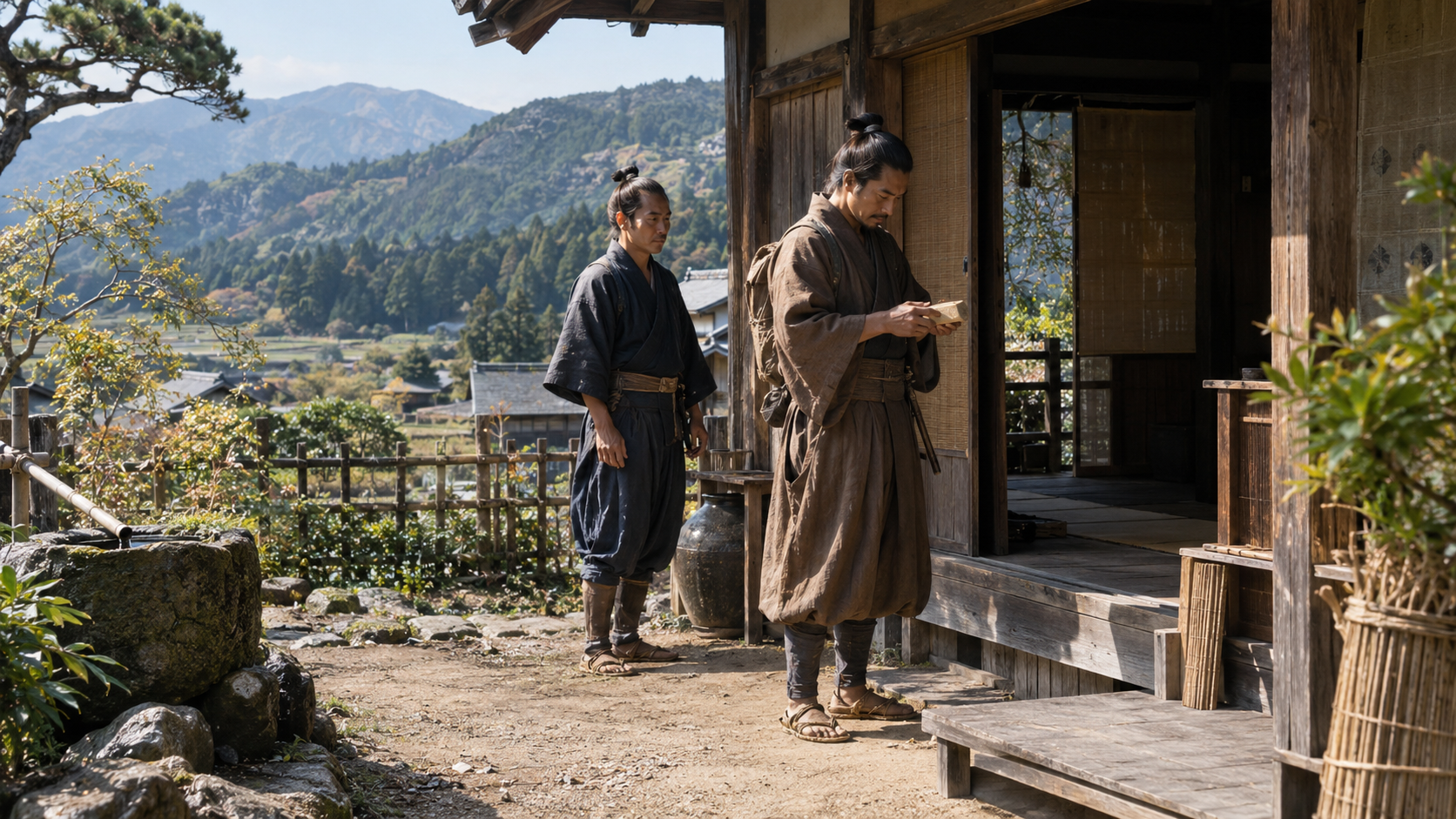 木造家屋の戸口で紙包みを扱う匿名の使者の創作情景
