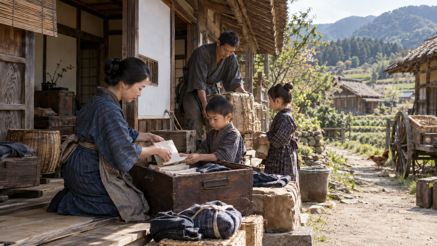 木箱と紙を整える明治時代風の家族の創作情景
