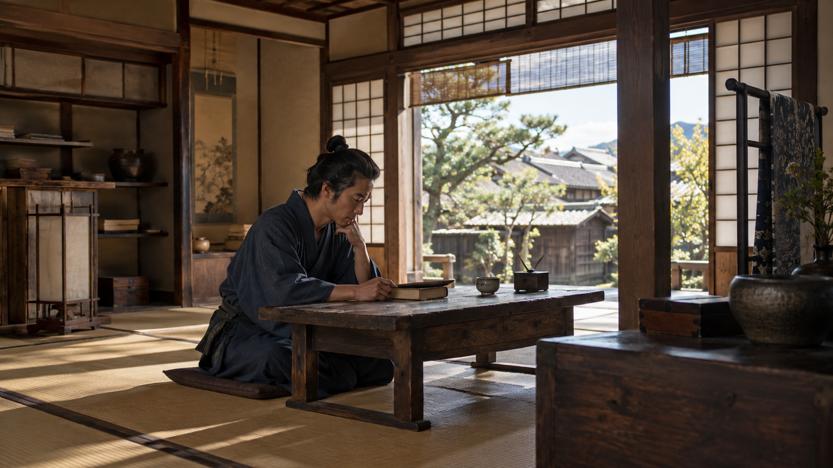 低い机で本を読む江戸時代風の匿名の人物の創作情景