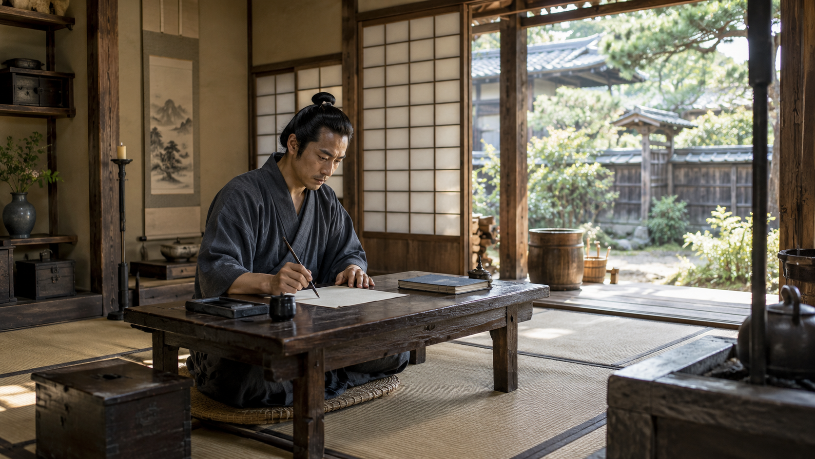 低い机で紙と筆を扱う江戸時代風の匿名の人物の創作情景