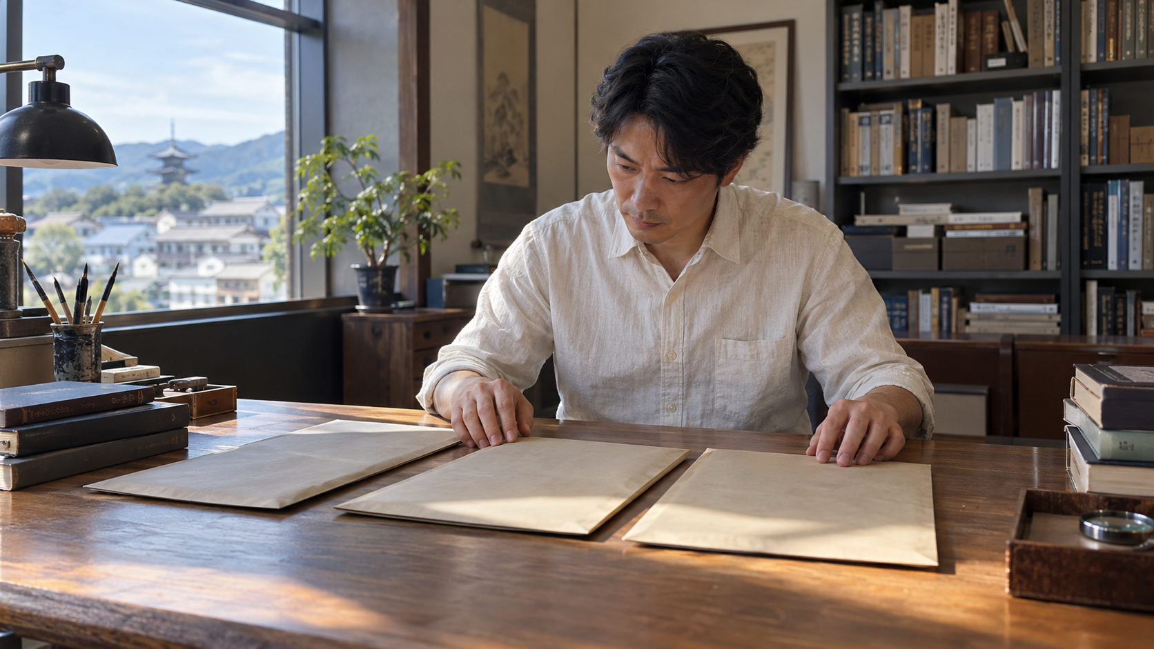 机に並べた資料を照合する匿名の研究者の創作情景