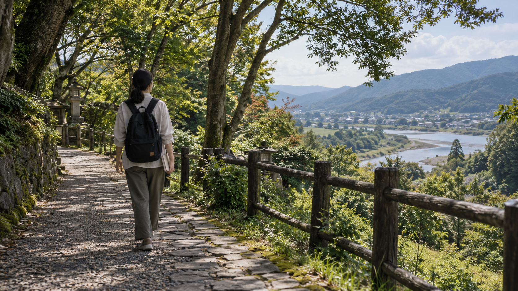 川と山を望む木陰の道を歩く匿名の訪問者の創作情景