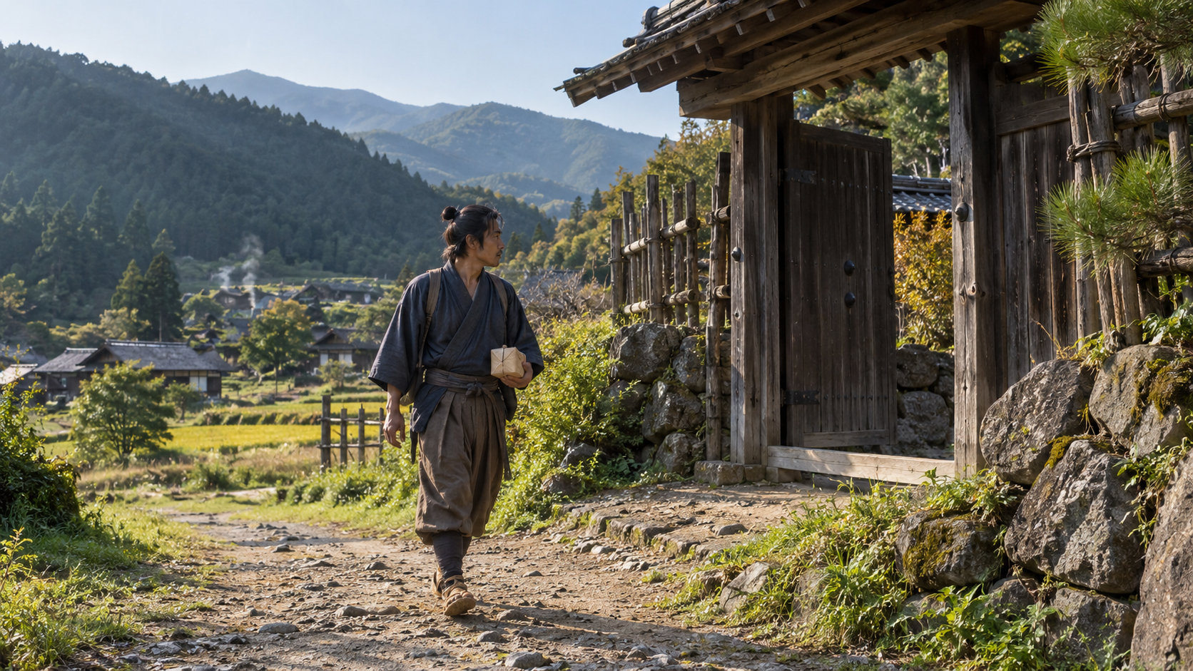 山間の道で紙包みを持ち歩く匿名の使者の創作情景