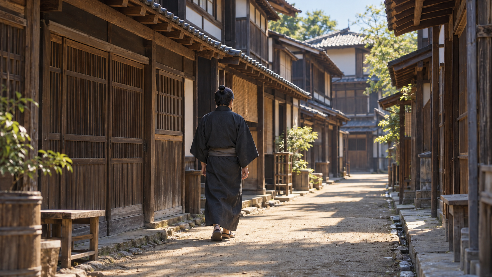 木造の静かな通りを歩く、後ろ姿の匿名の町人