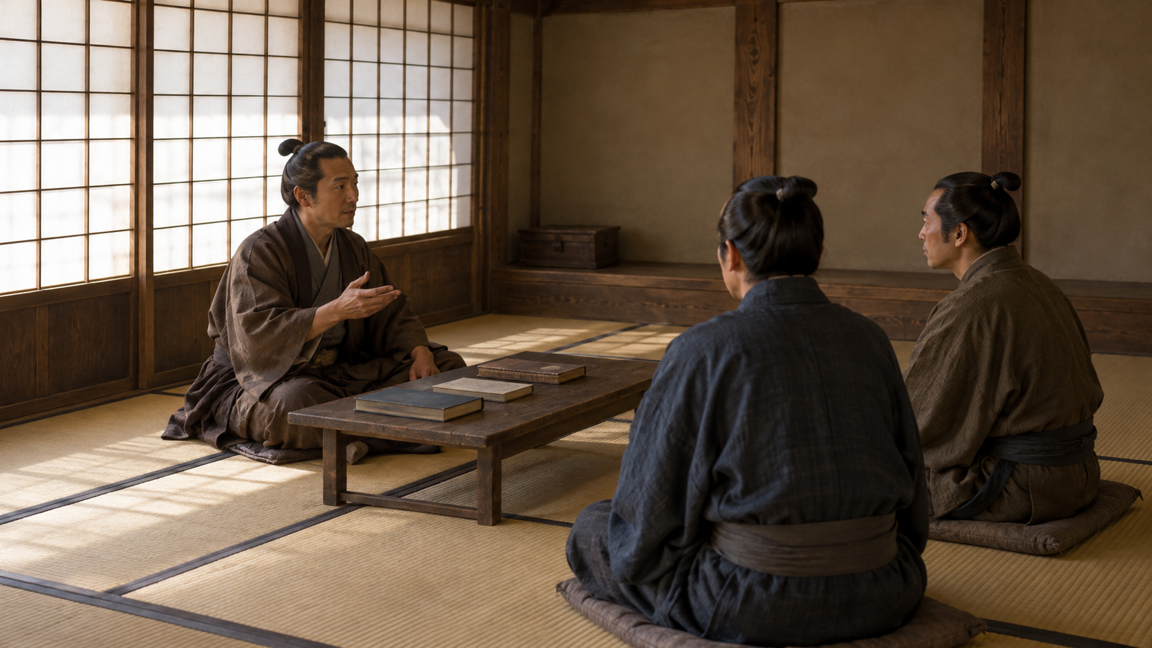 木造の座敷で、机を囲んで学ぶ匿名の人々