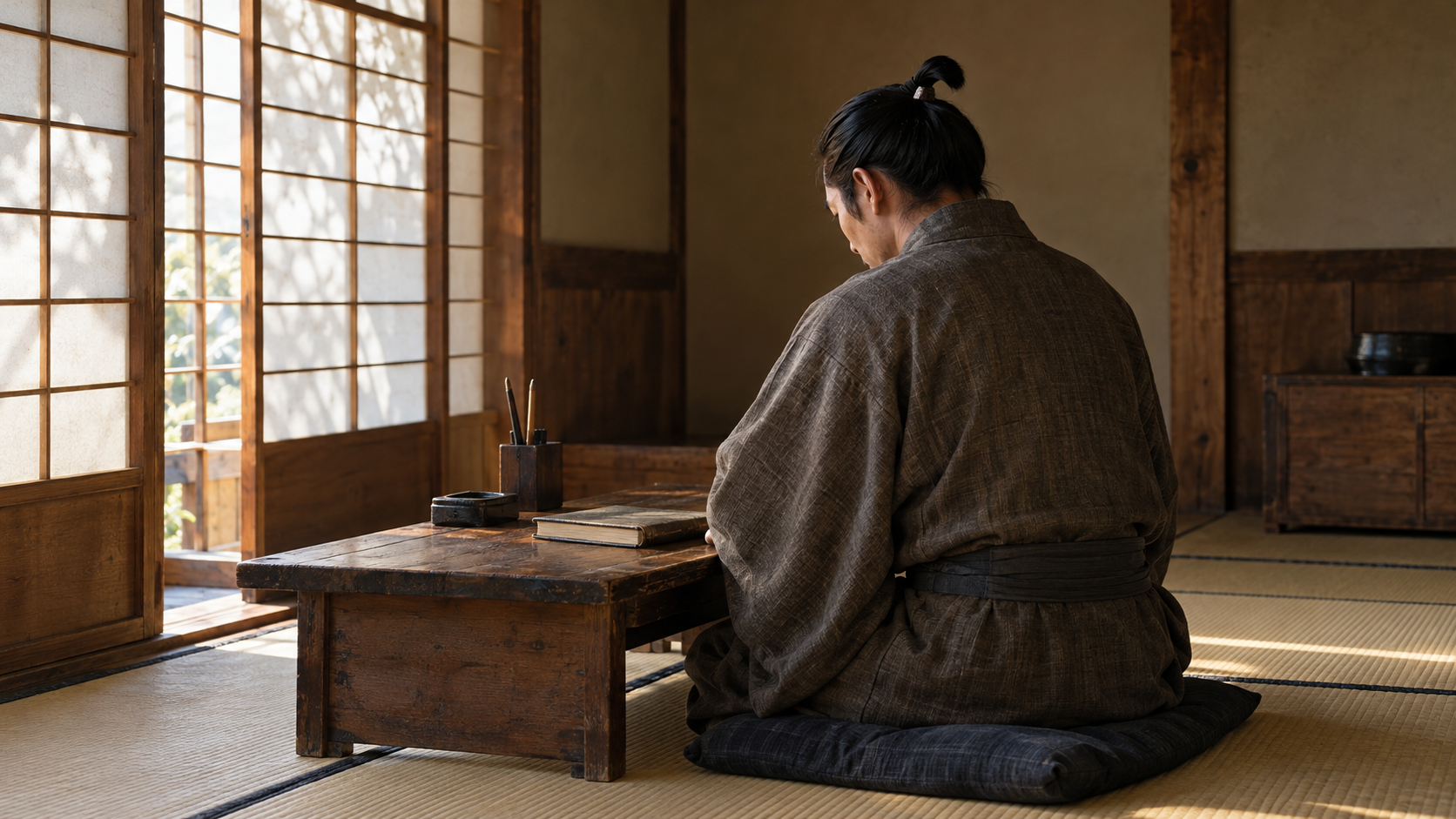 閉じた本がある机に向かう、後ろ姿の匿名の人物