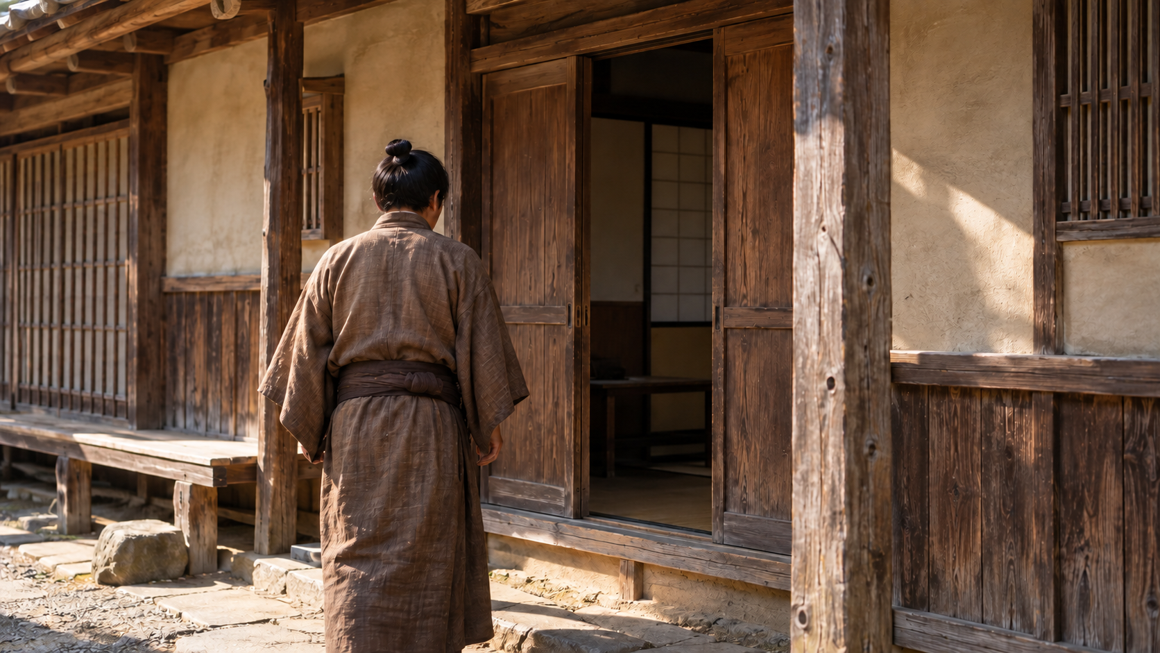 質素な木造建物の入口に立つ匿名の人物