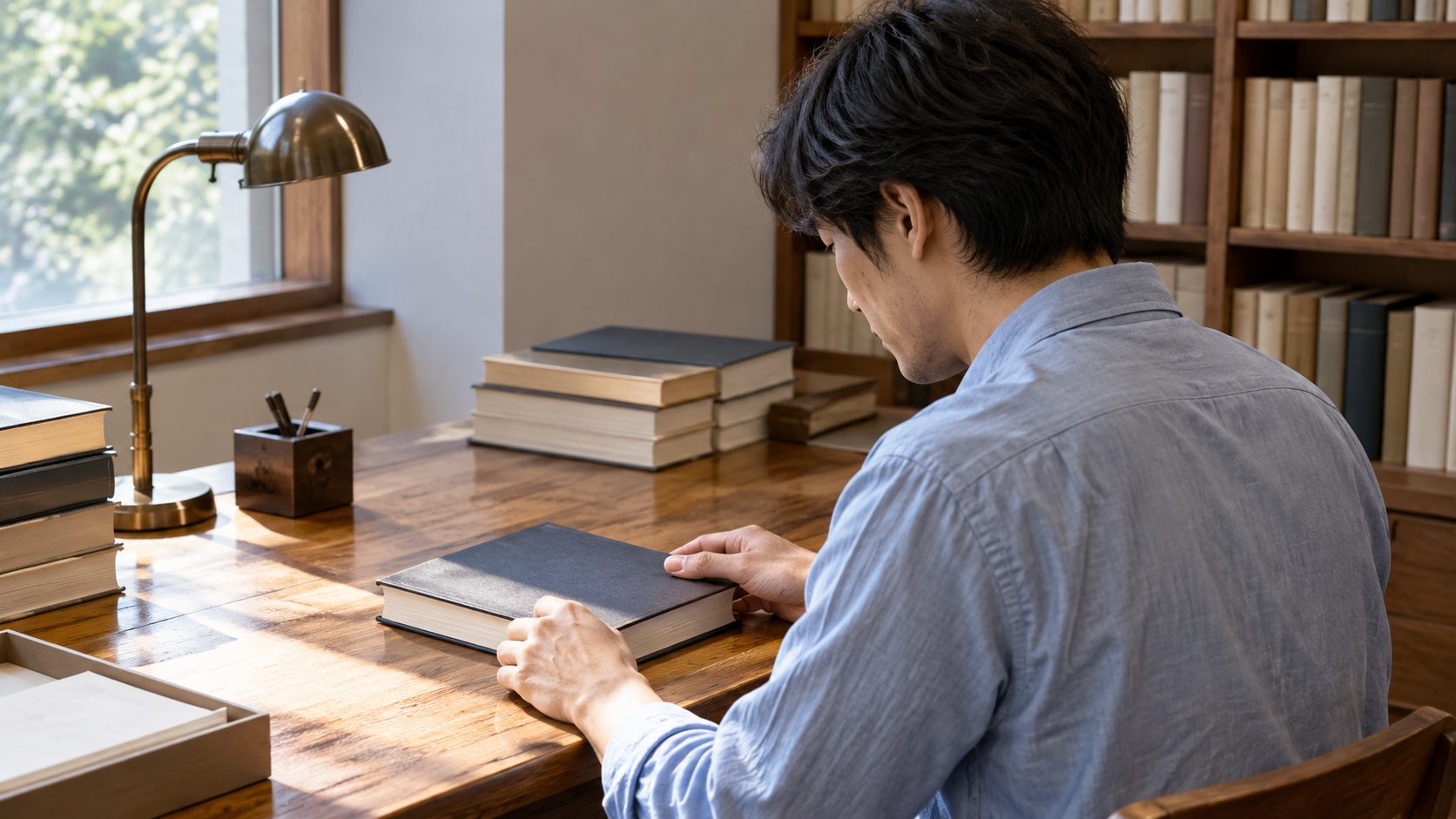 現代の机と照明の下で、閉じた資料を調べる人
