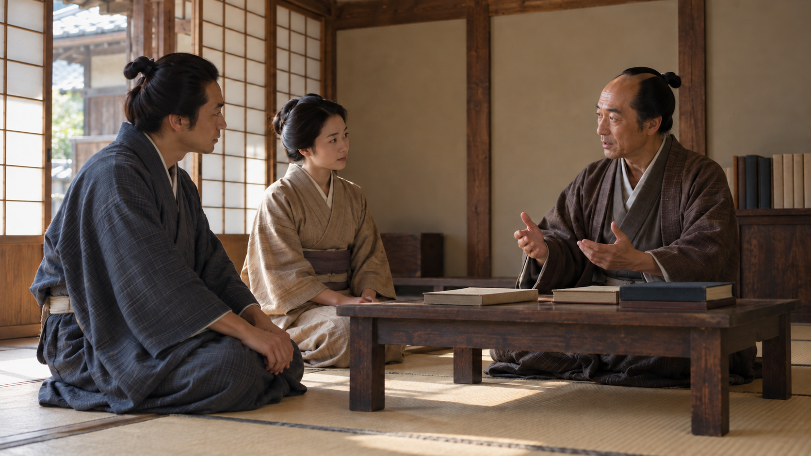 木造室内で机を囲み、話を聞く匿名の人々